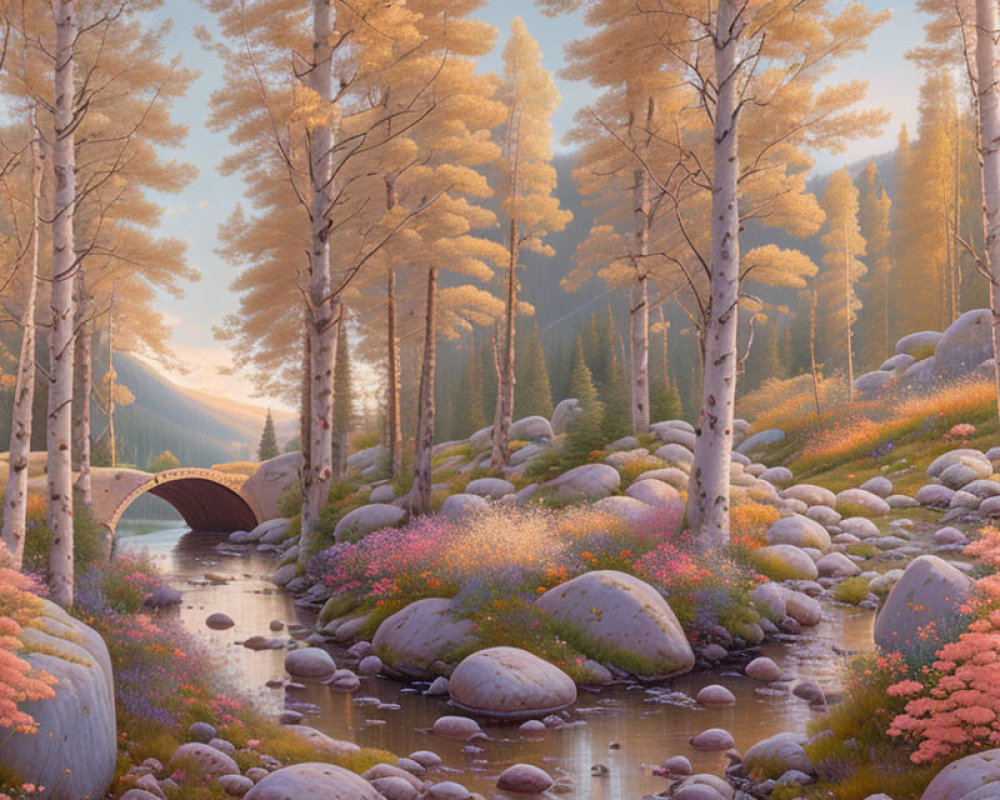 Tranquil landscape with golden trees, stone bridge, boulders, and wildflowers