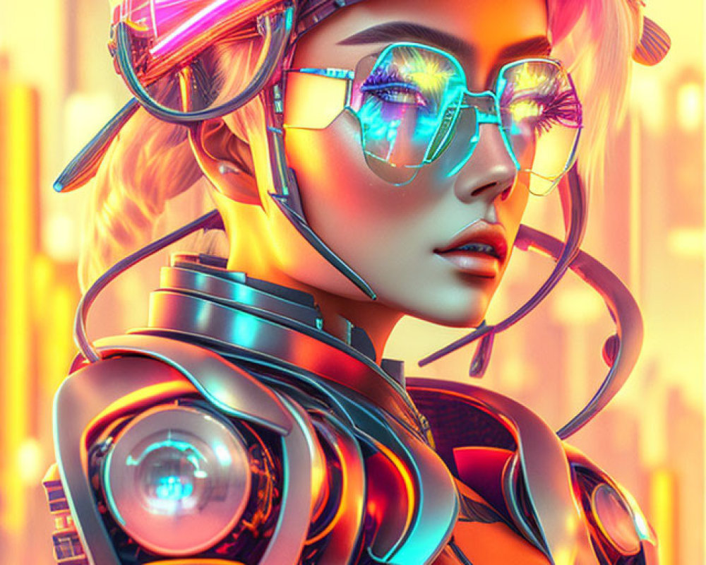 Detailed Female Cyborg with Neon Highlights in Urban Skyline Setting