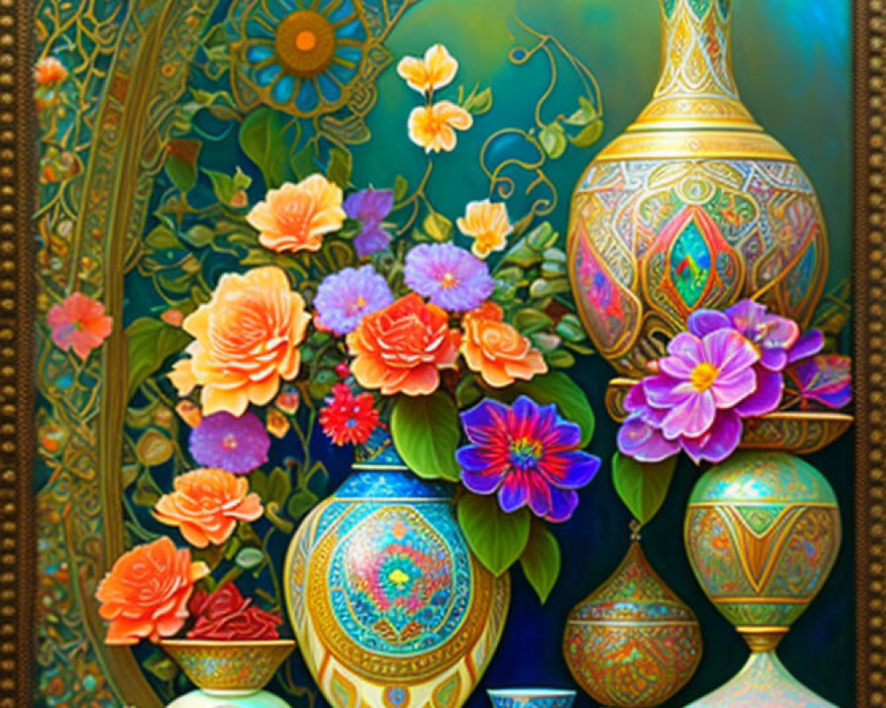 Colorful flower and vase still life on paisley background