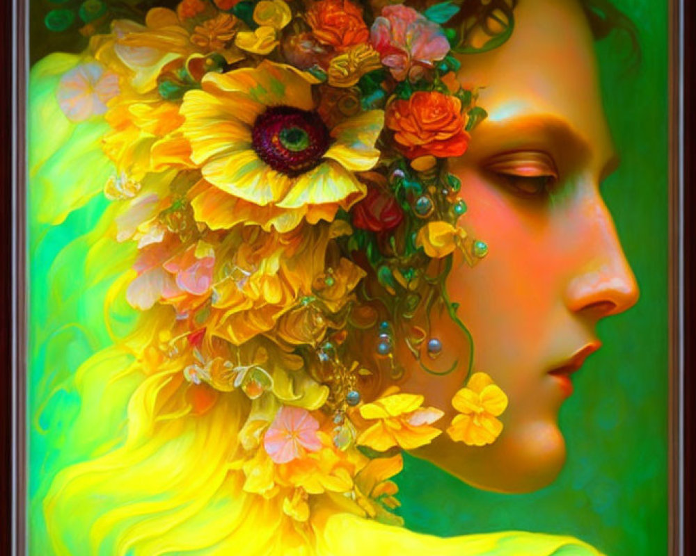 Portrait of woman with flowers and leaves in flowing yellow hair