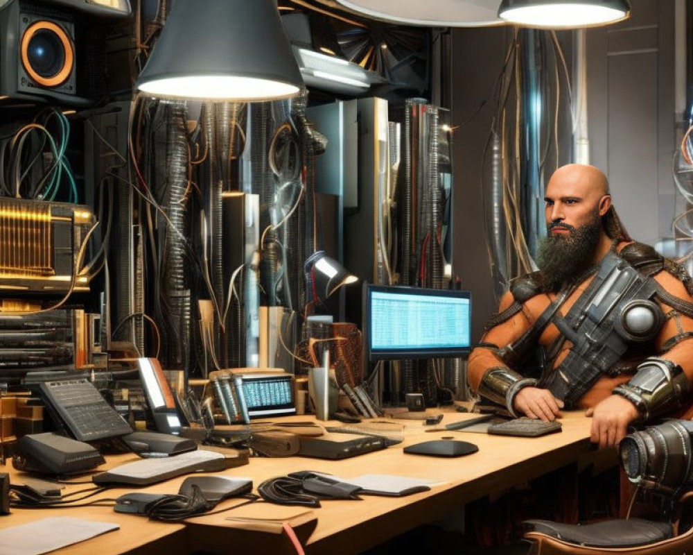 Bald Man with Beard in Futuristic Workshop Setup