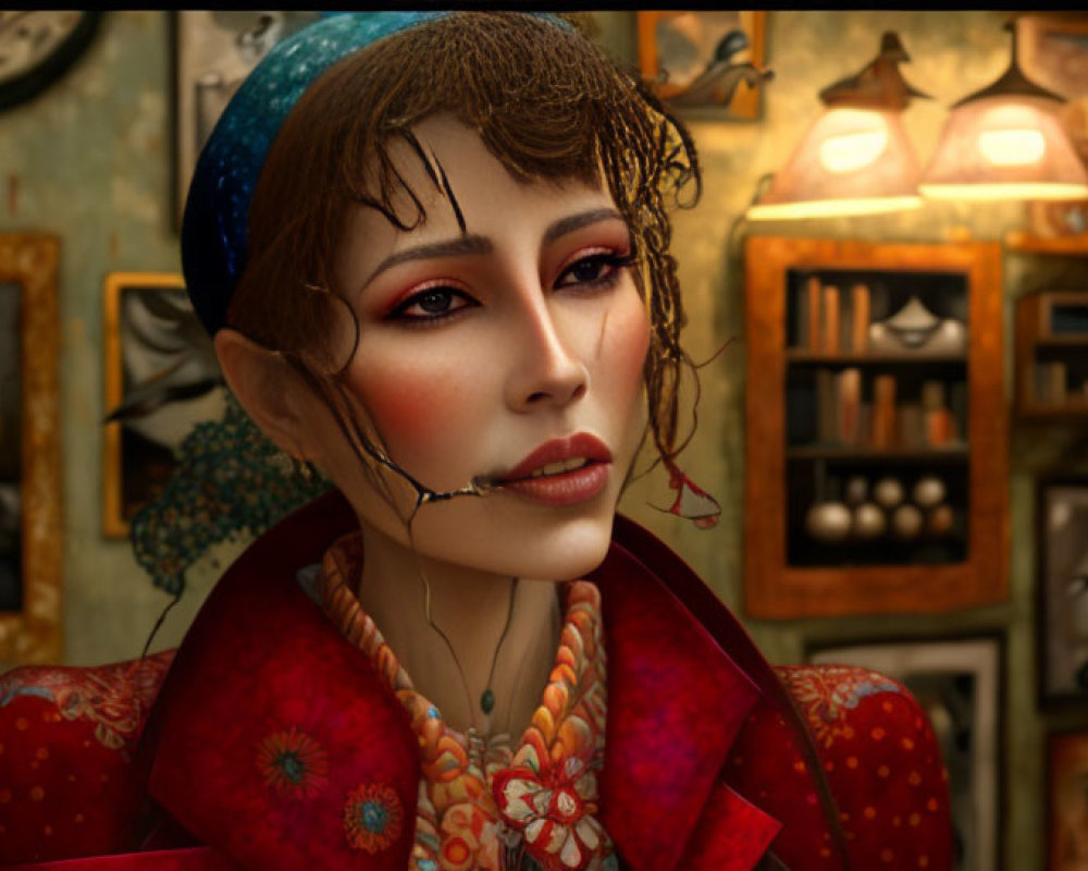 Digital Art Portrait of Woman with Elfin Features in Blue Headscarf and Red Garment on Vintage