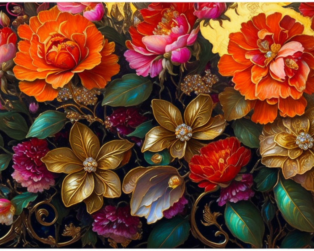 Colorful Floral Painting with Orange, Gold, Red, and Pink Flowers