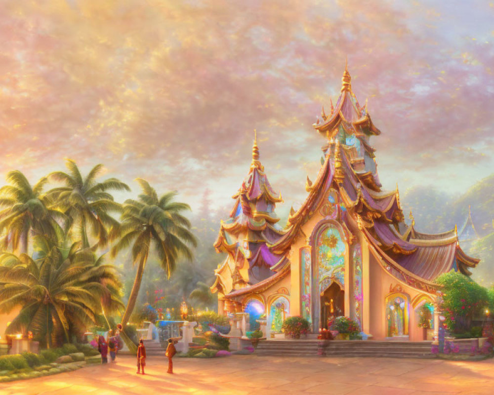 Majestic ornate temple in warm golden glow under pastel sky
