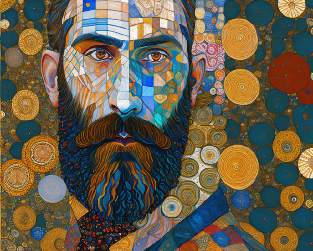 Colorful mosaic portrait of bearded man with geometric patterns and varied textures against circular motifs