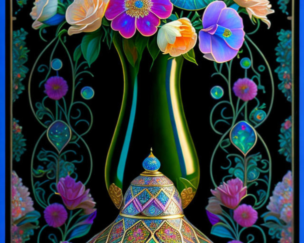 Colorful floral arrangement in vibrant ornate vase on dark, patterned background