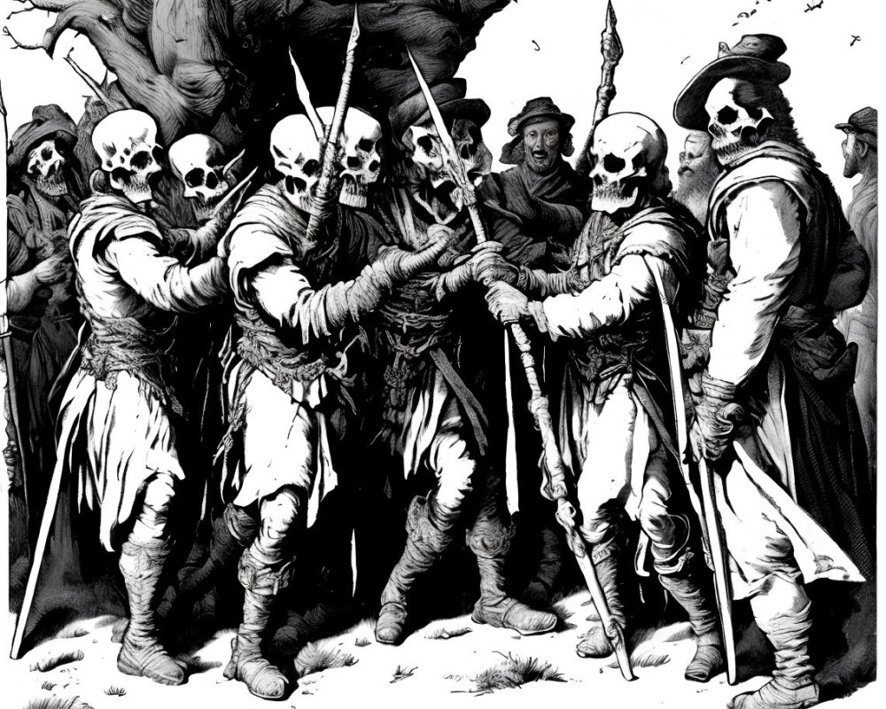 Monochrome illustration: Skeleton warriors in medieval attire with swords and spears