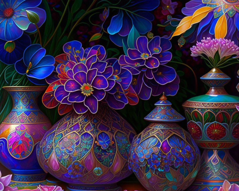 Colorful Digital Artwork of Ornate Vases and Flowers in Rich Tones