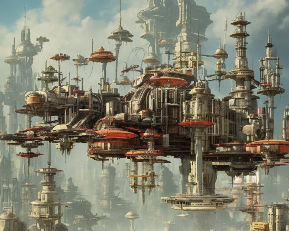 Futuristic cityscape with towering skyscrapers and floating structures