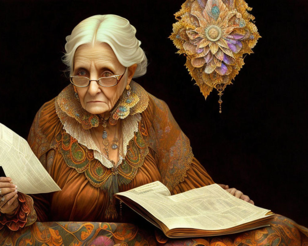 Elderly woman with white hair reading book and holding paper on dark background