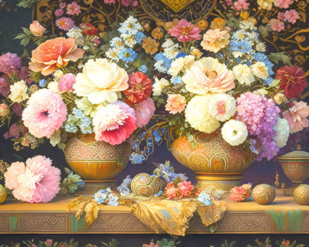 Colorful Painting of Ornate Vases with Flowers on Dark Background