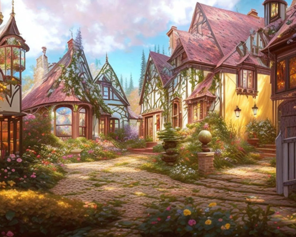 Charming Village Street with Cottages, Flowers, and Warm Lights