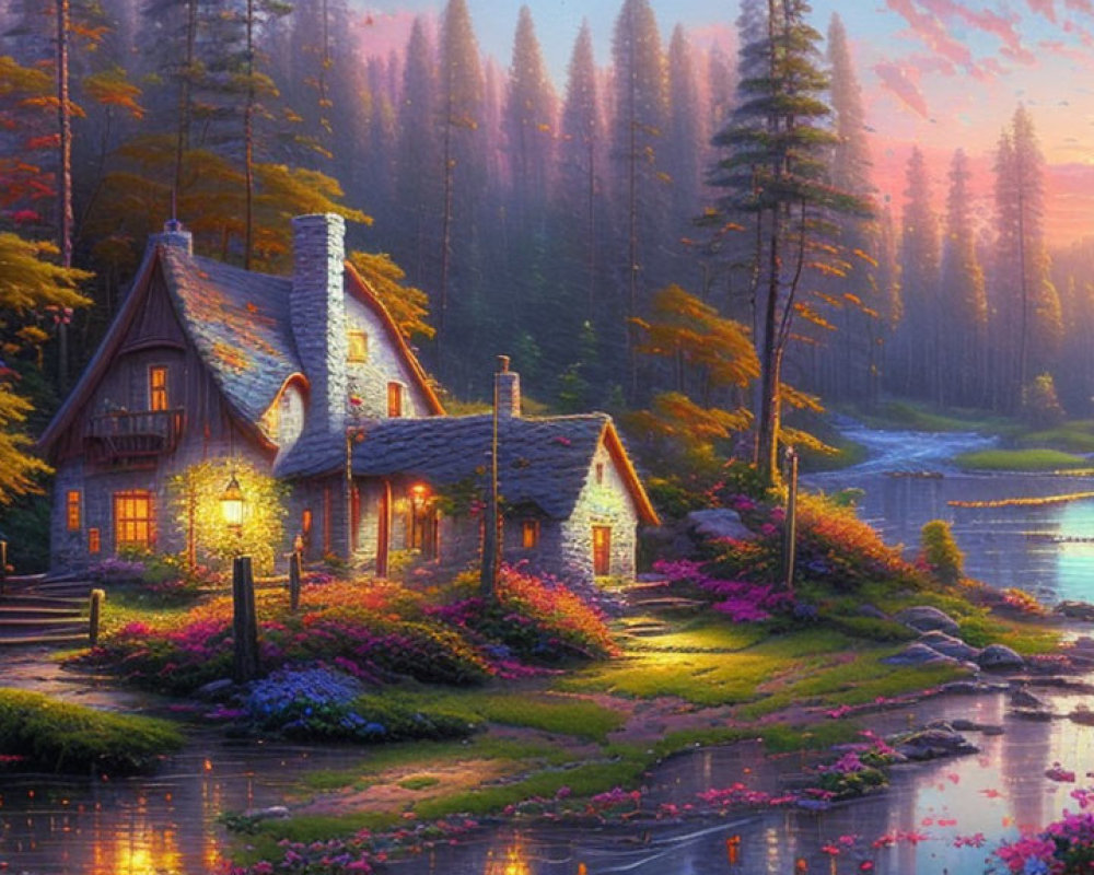 Scenic cottage by river with glowing windows at sunset