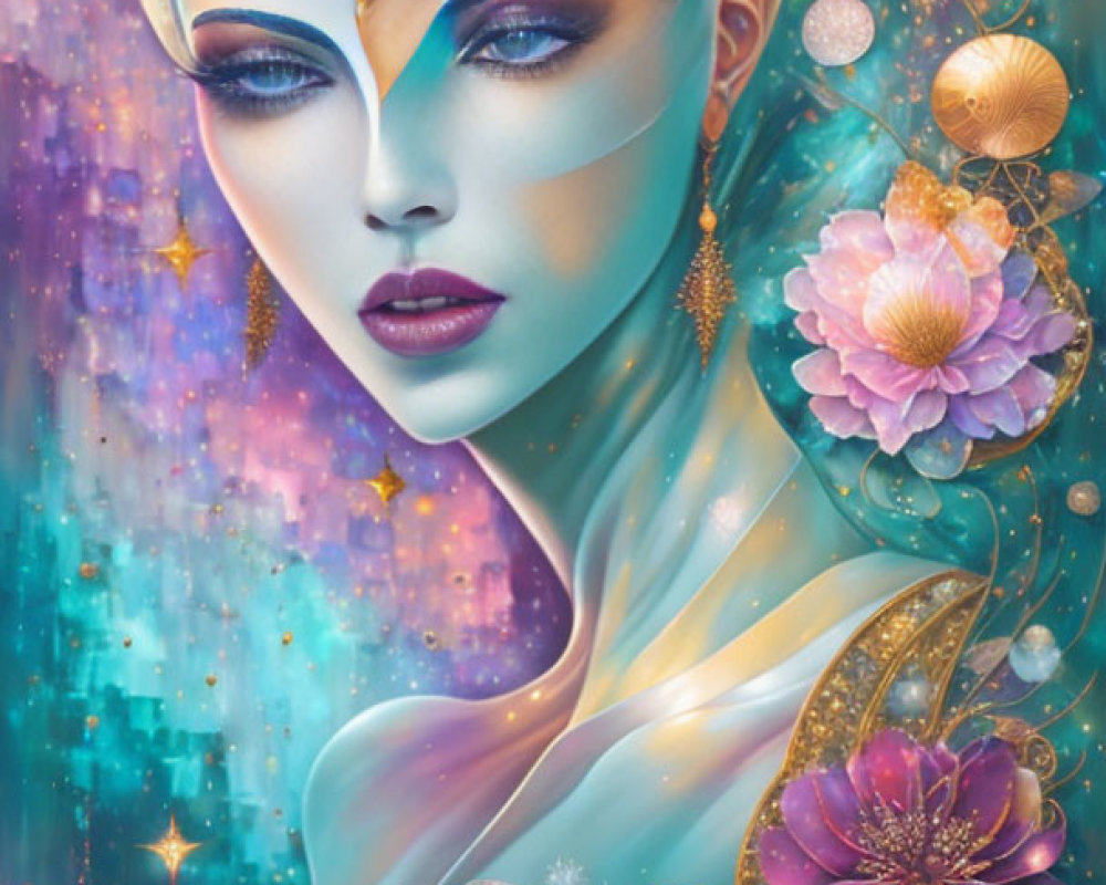 Blue-skinned female figure with golden jewelry and cosmic backdrop.