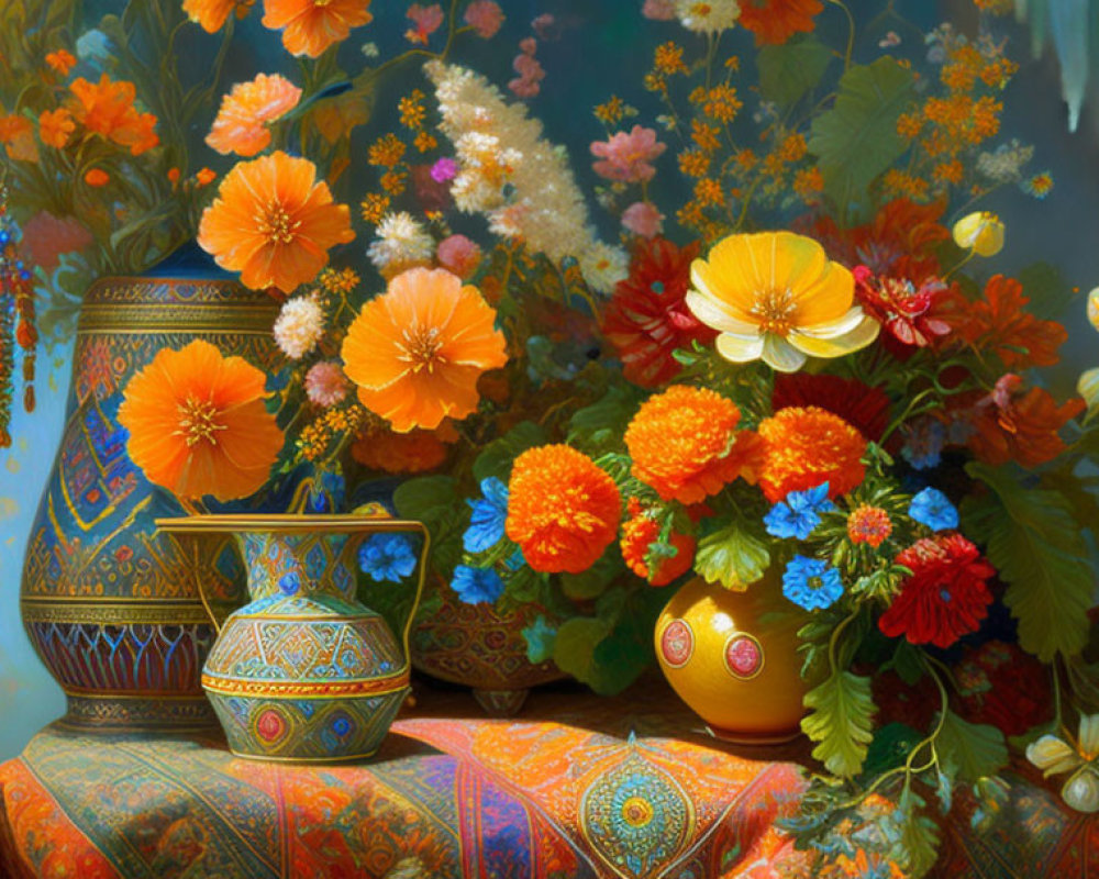 Colorful floral bouquet in ornate vases on intricate textile, creating a warm ambiance.