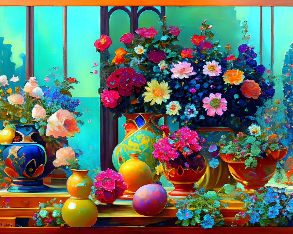 Colorful Flowers in Ornate Vases Against Blue Drapes on Sunny Day