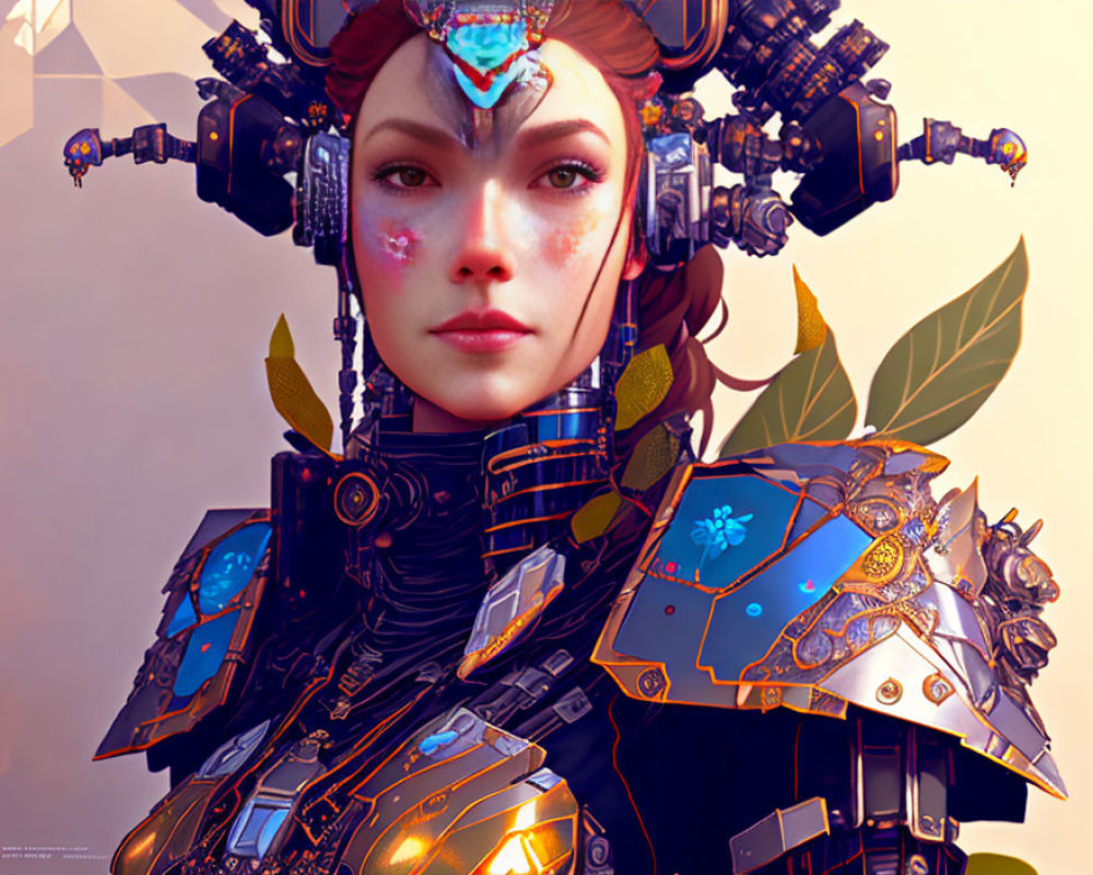Futuristic portrait of a woman in ornate mechanical armor and headset with blue and gold leaf motifs