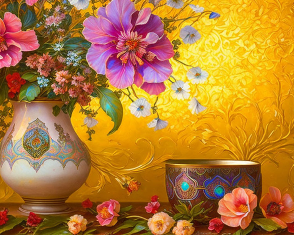Colorful Still Life with Decorated Vase, Bowl, and Flowers on Golden Background