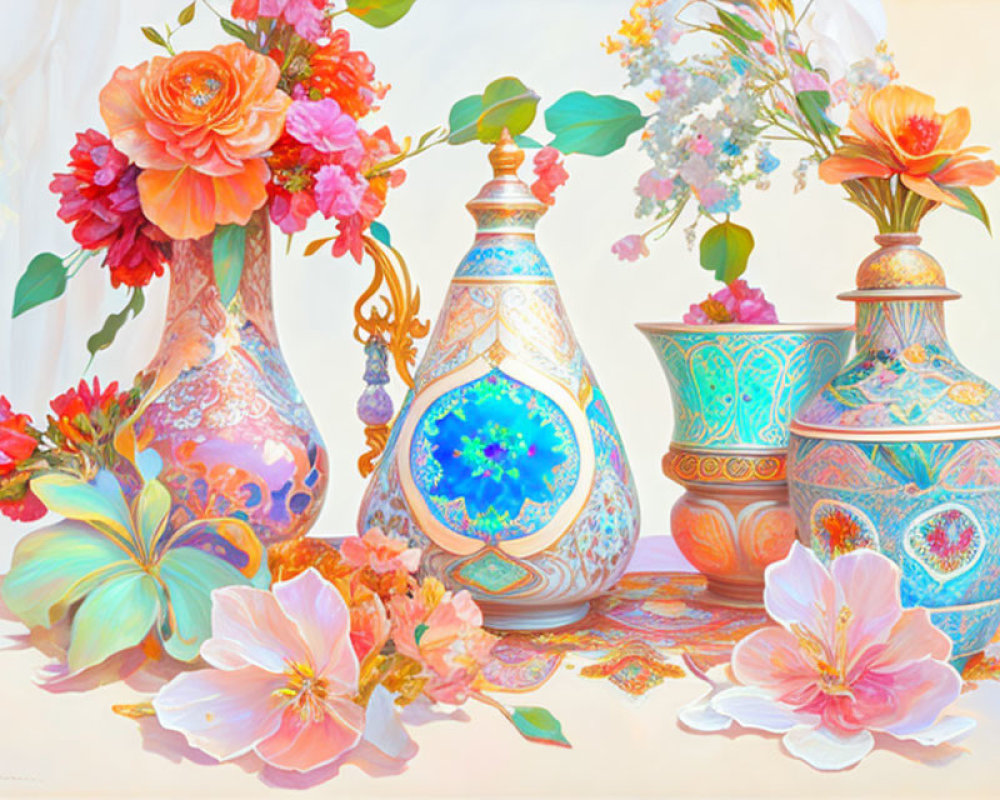 Colorful Still Life Painting of Ornate Vases and Lush Flowers