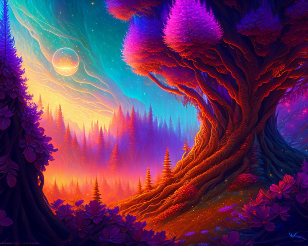 Fantasy landscape with giant purple tree under starry sky