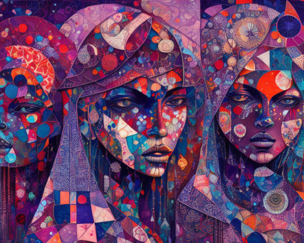 Colorful Mosaic Style Artwork of Three Faces in Purple Shades