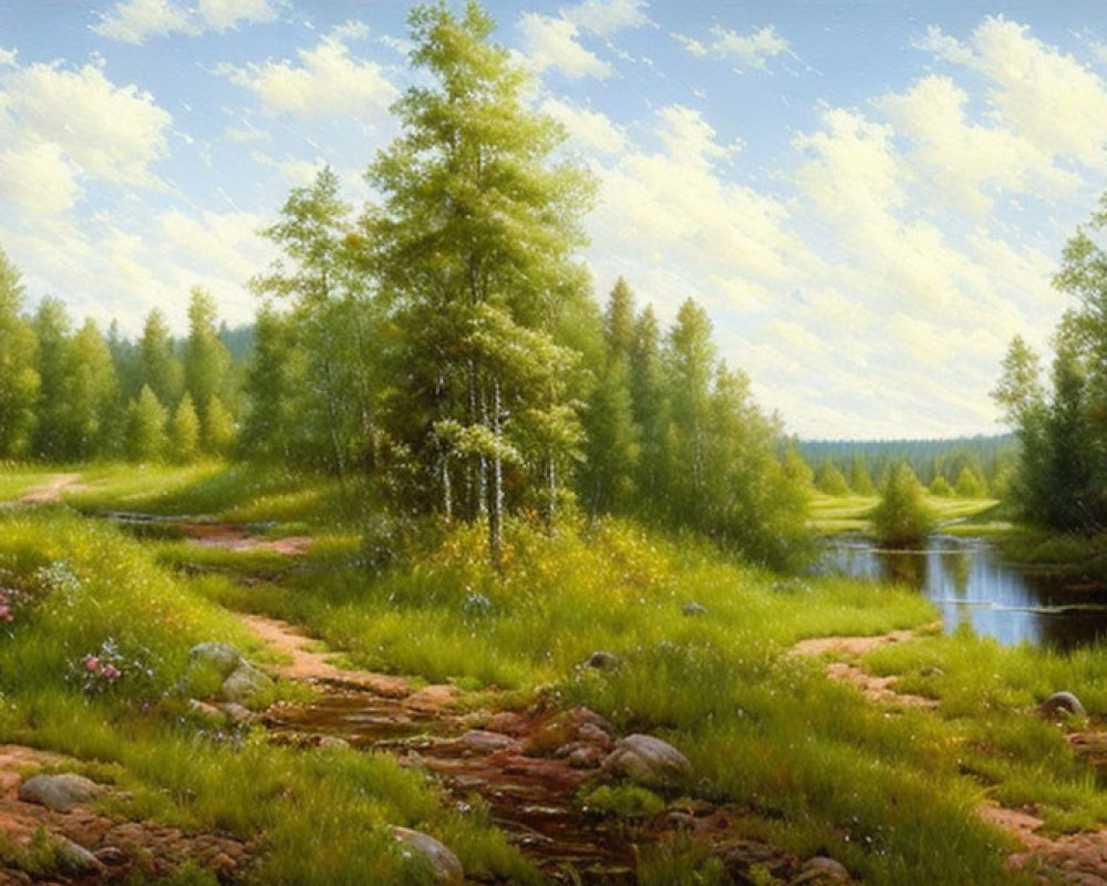 Tranquil forest scene with winding path, river, wildflowers