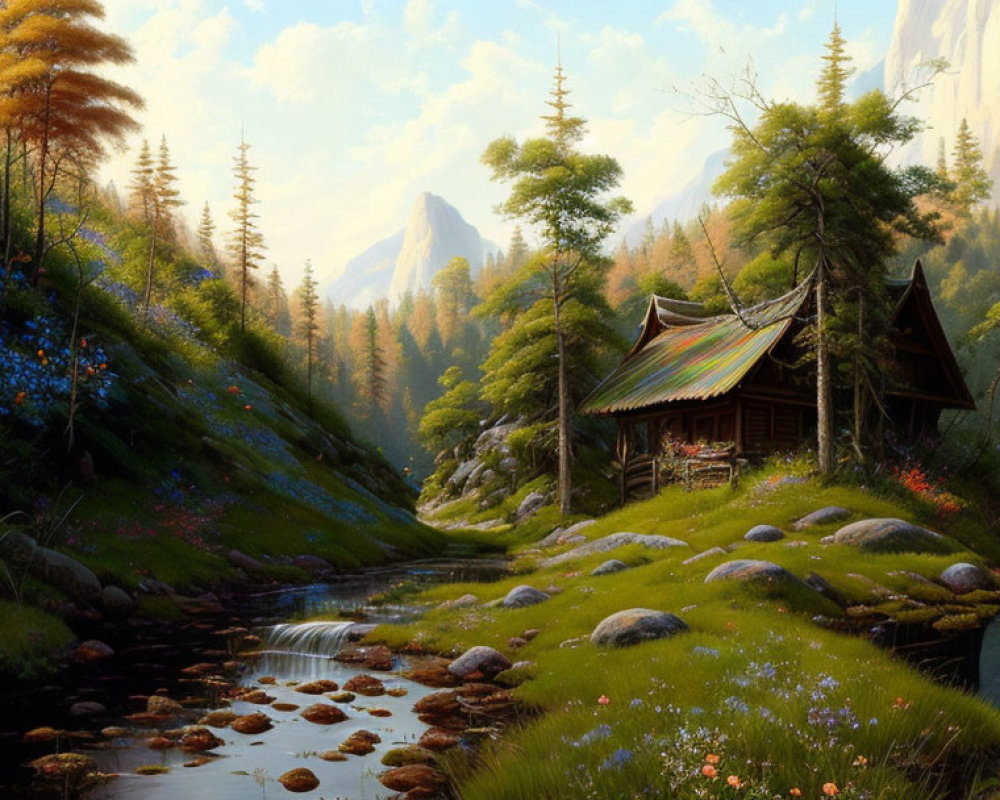 Traditional house by stream in lush landscape with mountains