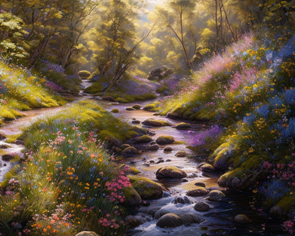 Tranquil stream in vibrant forest with sunlight, wildflowers, and moss-covered stones
