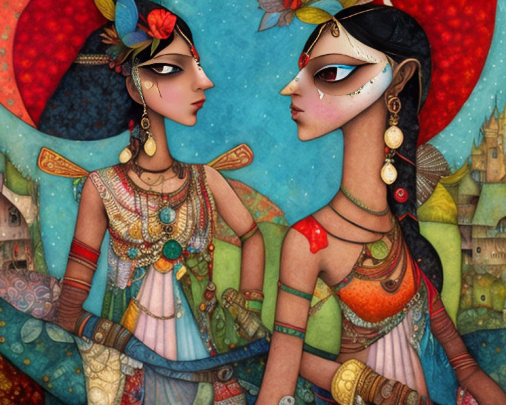Stylized female figures in ornate ethnic attire against vibrant cityscape.