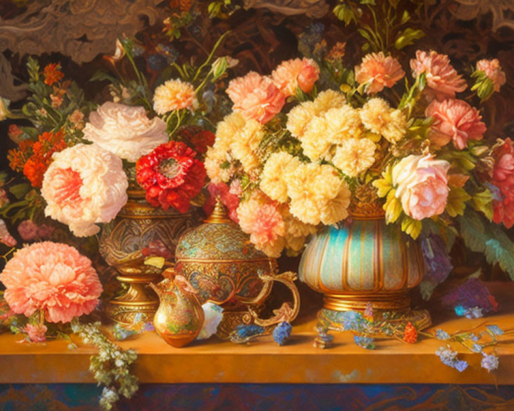 Opulent floral still life painting with vibrant flowers and ornate vases