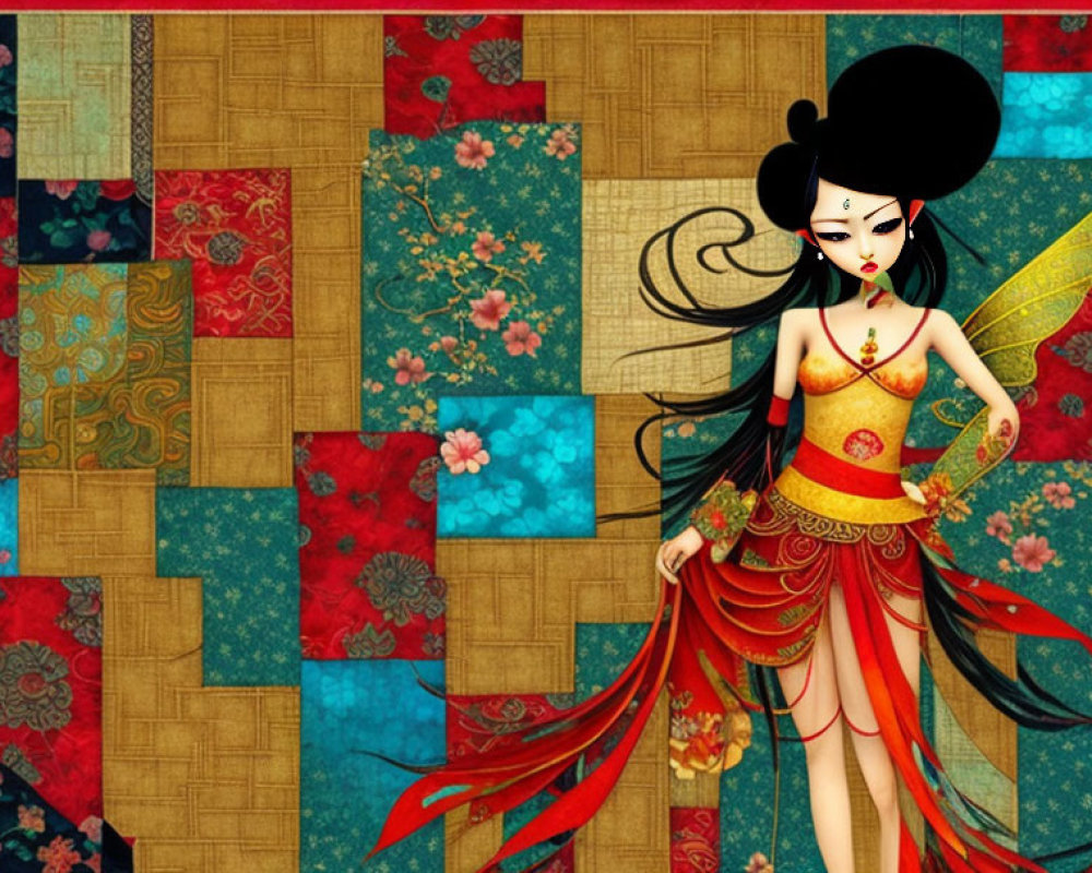 Stylized female figure with elaborate hairstyle and colorful attire on textured patchwork background
