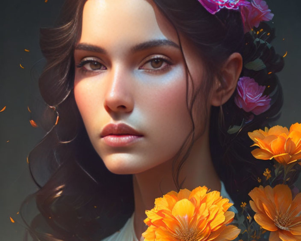 Digital portrait of woman with dark hair and orange flowers, showcasing serene expression