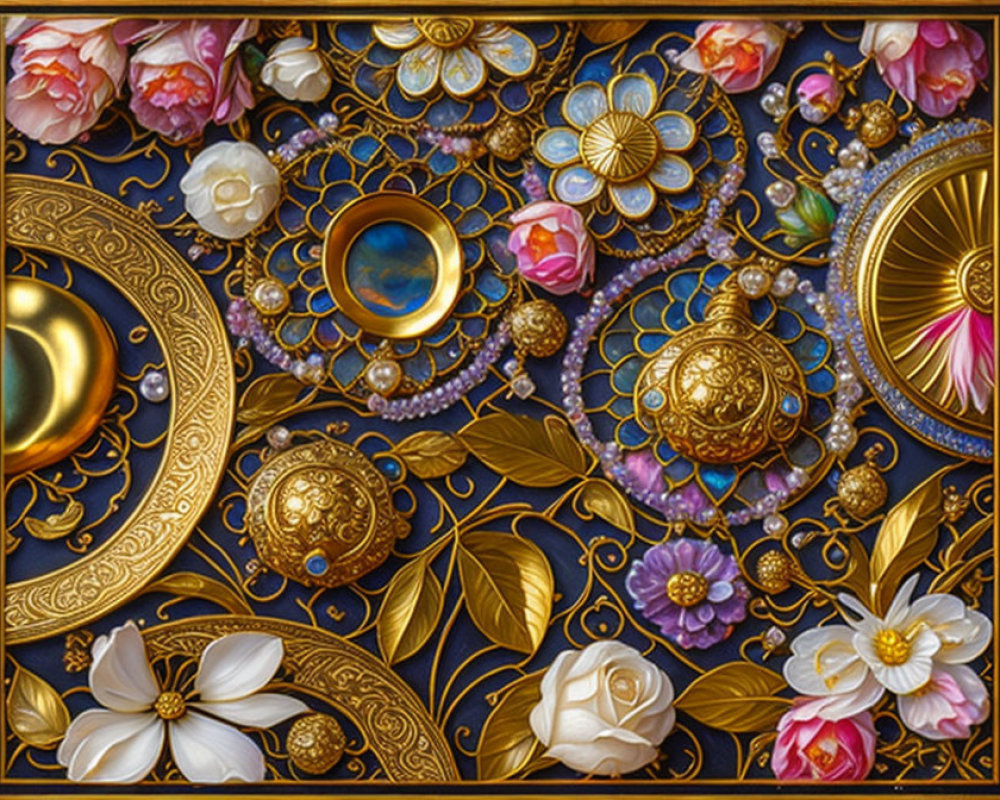 Ornate composition with gold filigree, gemstones, and vibrant flowers on dark background