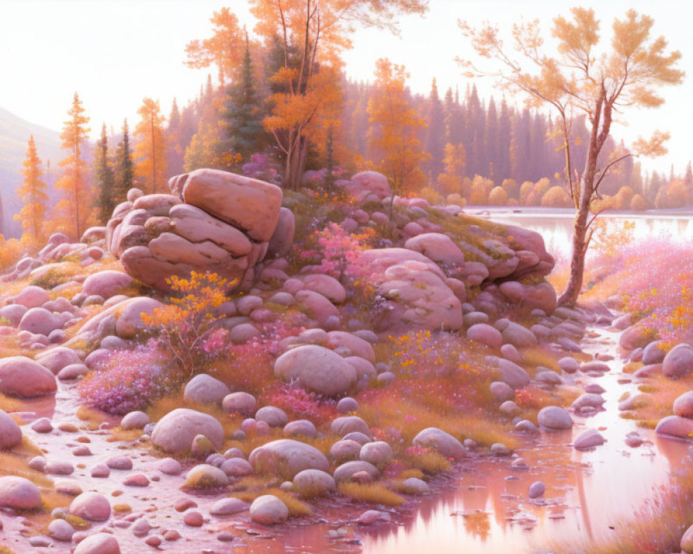 Tranquil River and Pink Flora in Autumn Landscape