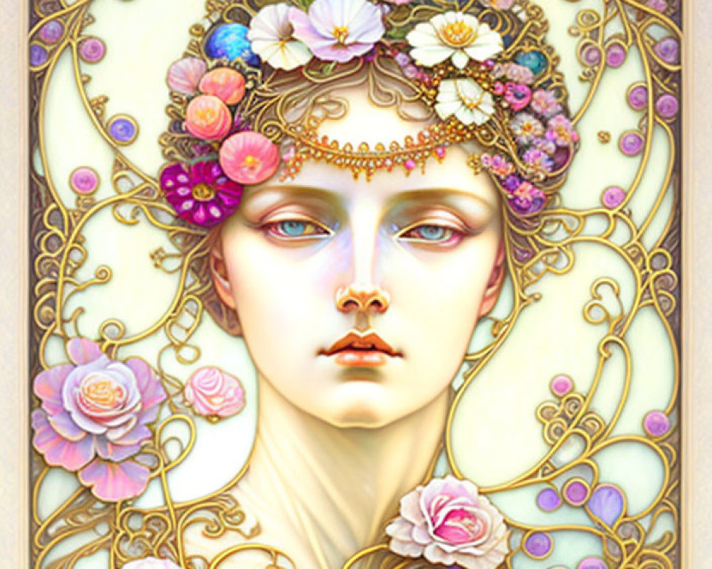 Detailed Art Nouveau Woman with Floral Crown and Jewelry Illustration