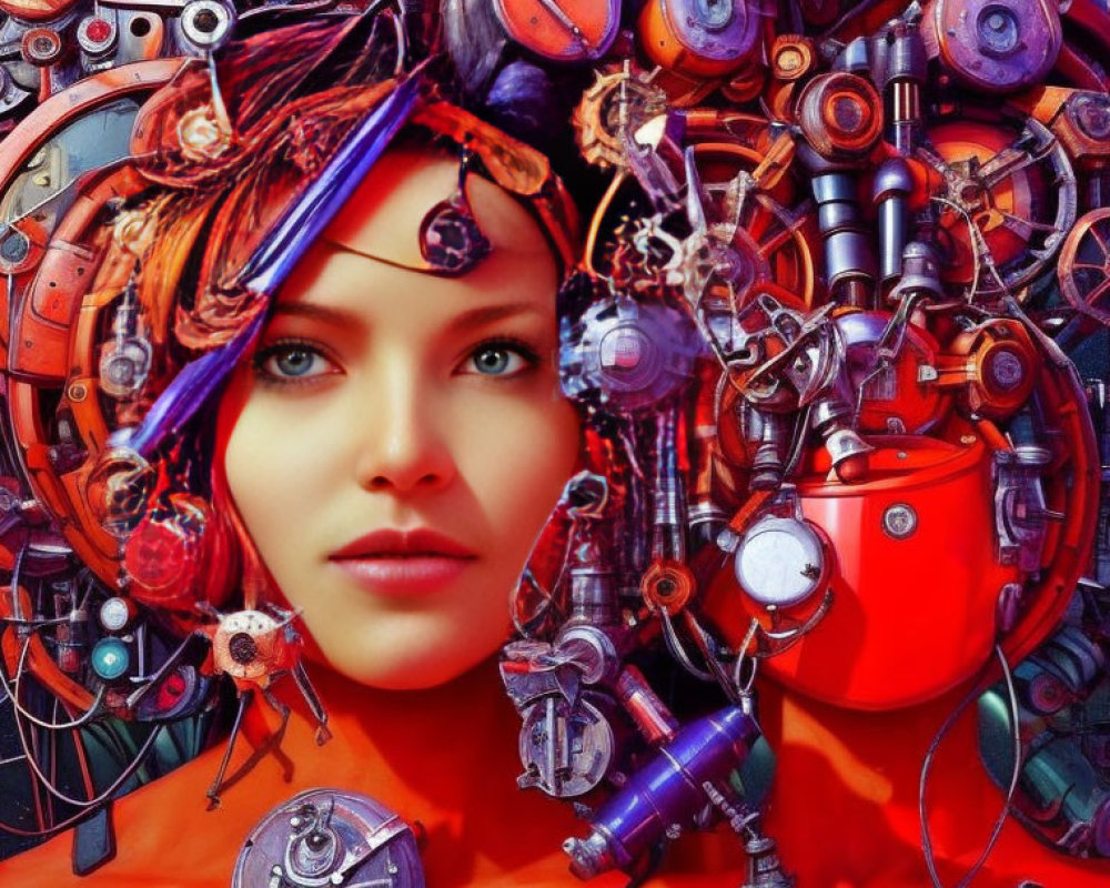 Surreal portrait of woman's face with mechanical elements on starry backdrop