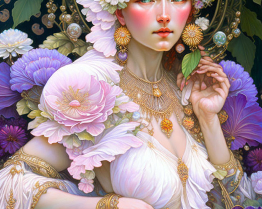 Woman with floral headdress and gold jewelry in serene setting.