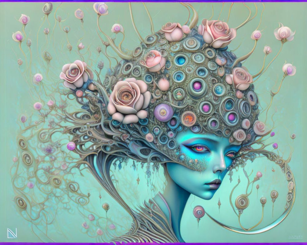 Blue-skinned female with intricate headdress in surreal artwork