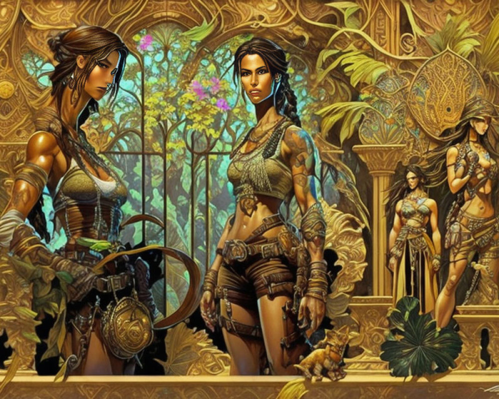 Stylized warrior women in ornate armor against lush jungle backdrop