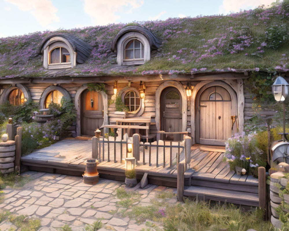 Quaint hobbit-style house in lush garden with blooming rooftop.