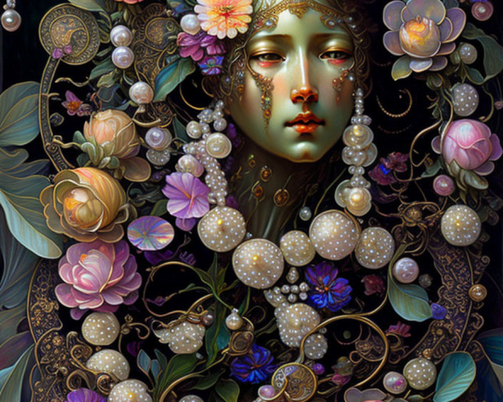 Detailed digital painting of a woman with flowers, pearls, and jewelry on dark background