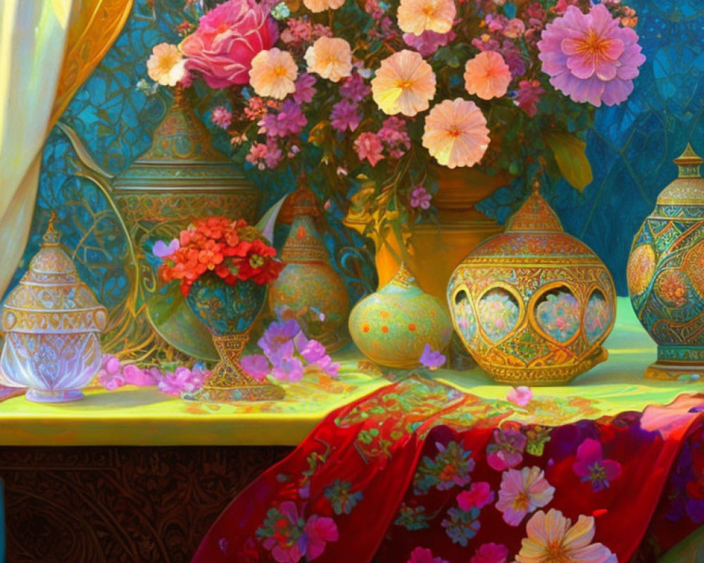 Colorful Still Life Scene with Vases, Flowers, and Textiles