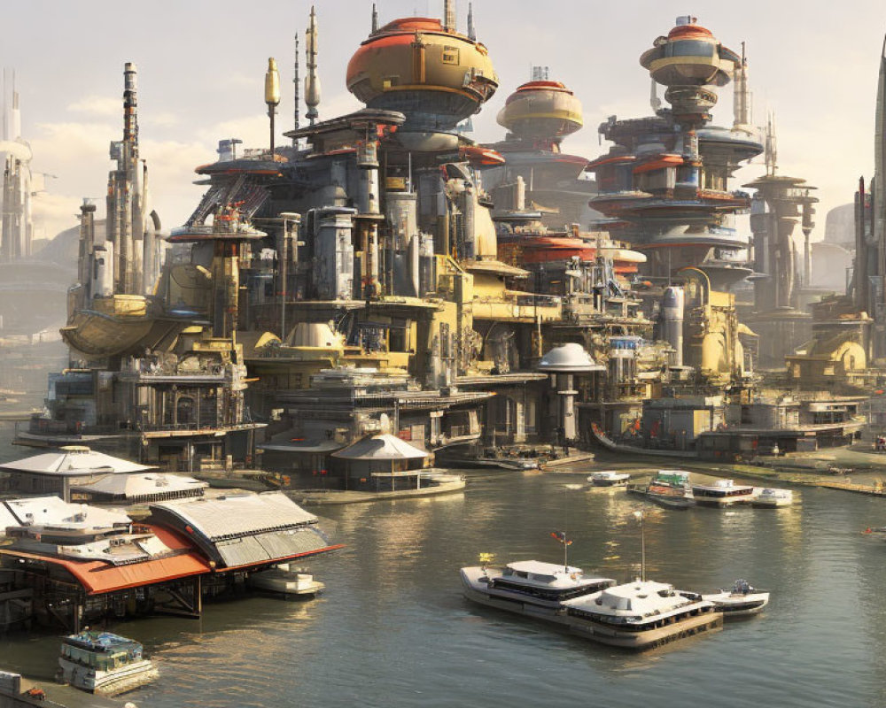 Diverse futuristic cityscape with towering structures and waterways