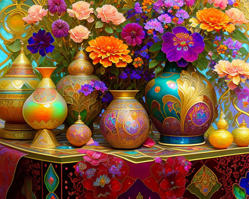 Colorful ornate vases and pottery with intricate patterns, set against lush flowers