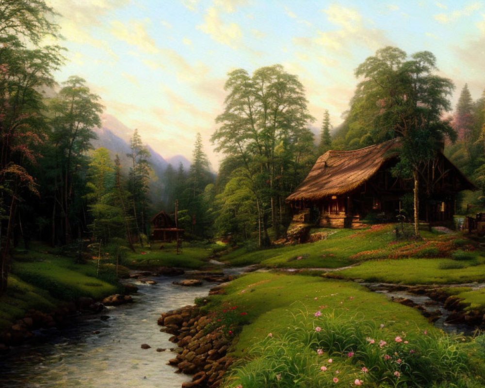 Tranquil landscape with cottage, stream, greenery, flowers, and mountains