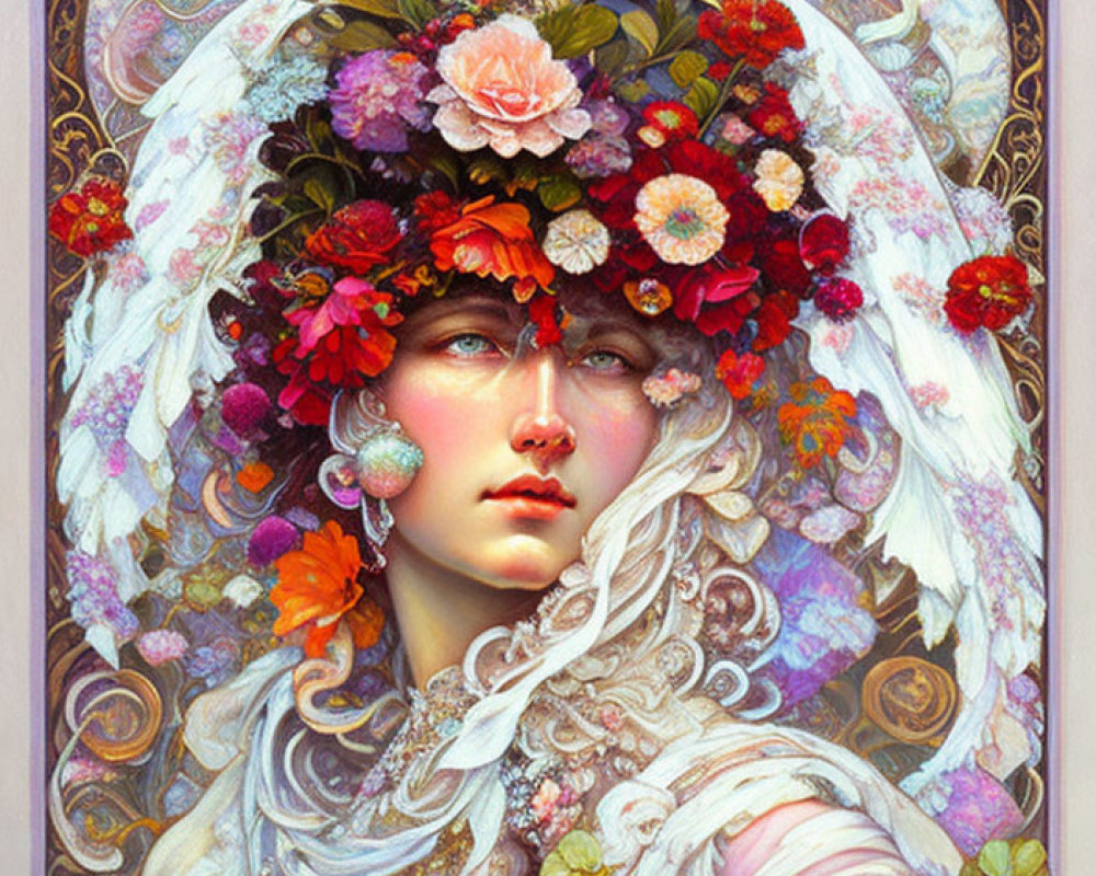 Detailed Art Nouveau-inspired woman portrait with floral headdress and fantasy motifs