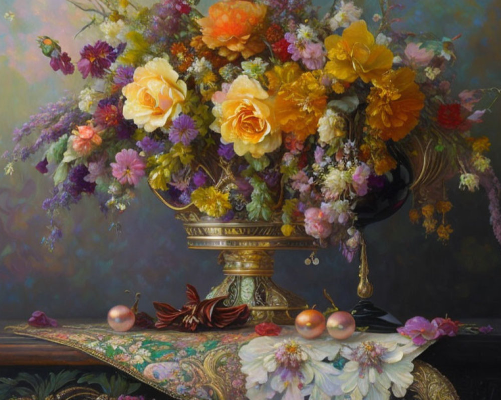 Colorful Still Life Painting: Flowers in Golden Vase, Peaches on Table