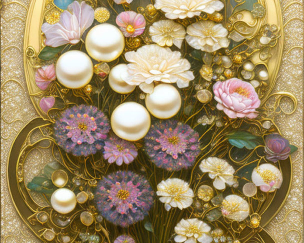 Golden-framed artwork of intricate vase with colorful flowers and pearls on textured background