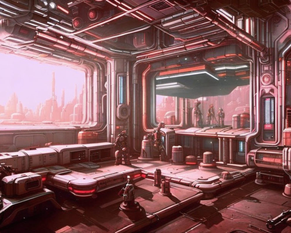 Futuristic spaceship interior with cityscape view and machinery.