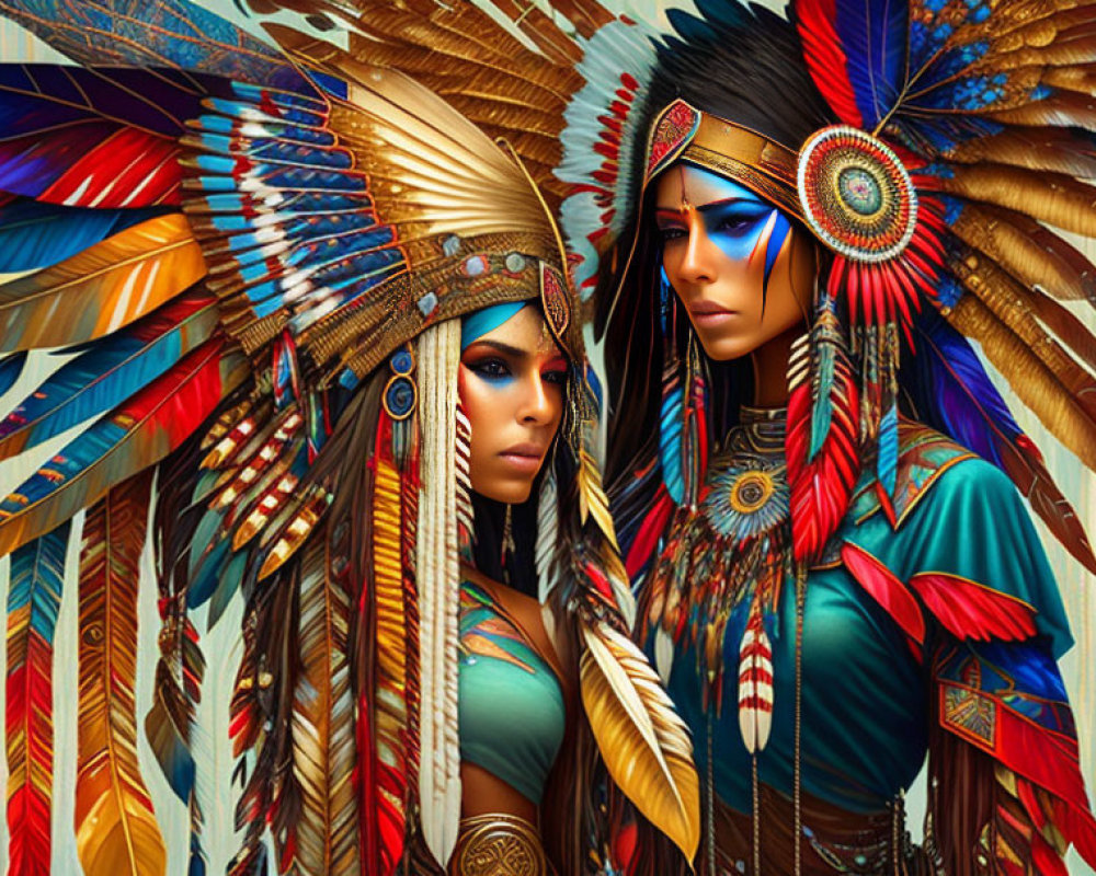 Two people in colorful Native American headdresses with feather patterns and beadwork.